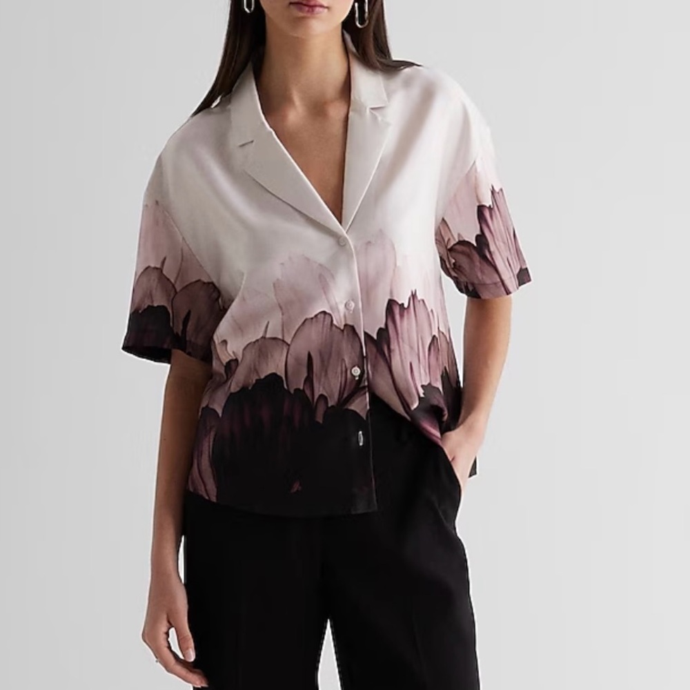 Express Purple Print Satin Button Down Top